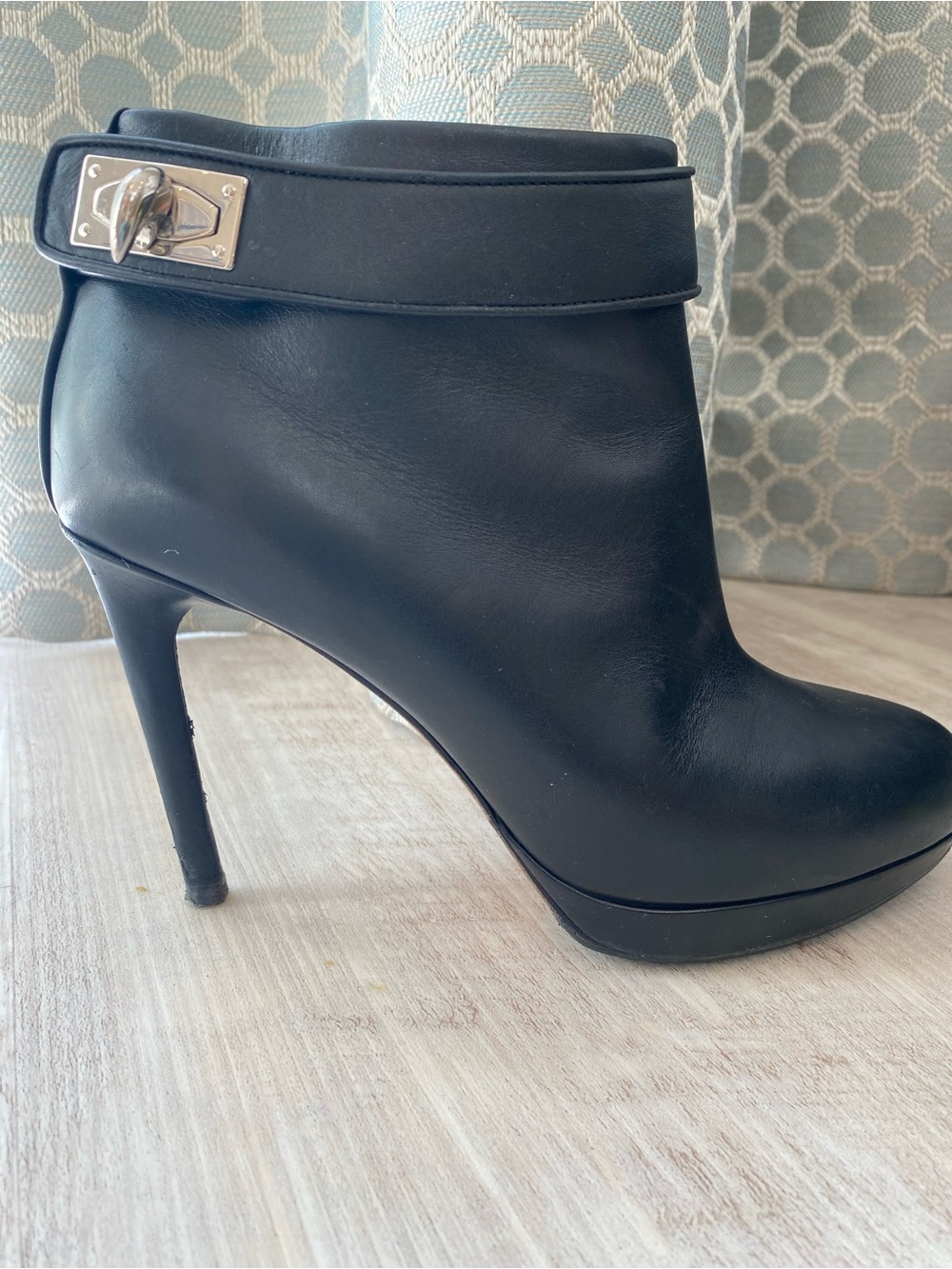 Givenchy Black Leather High Heel Ankle Boot with Silver Shark Tooth closure